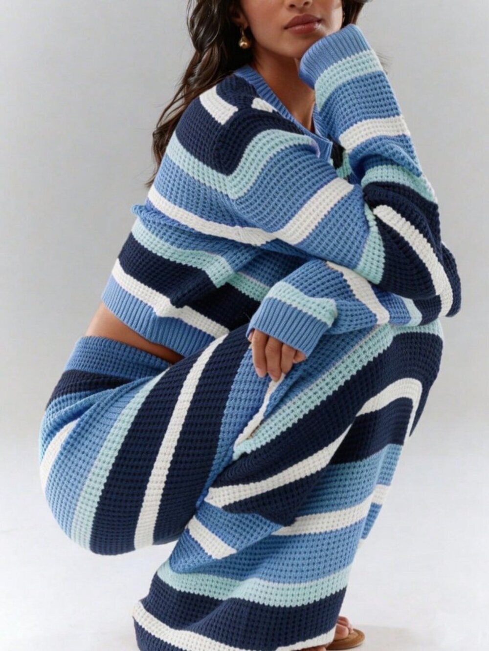 Blue Casual Women's Color Block Long Sleeve Sweater and Knitted Skirt Set